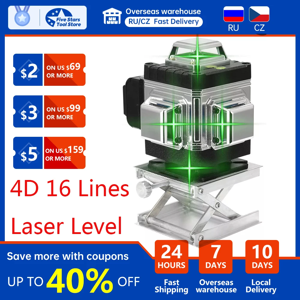 

4D 16 Lines Laser Level Tool Self-leveling laser level 360 Vertical Horizontal Cross Measure Green Beam With Bracket Battery