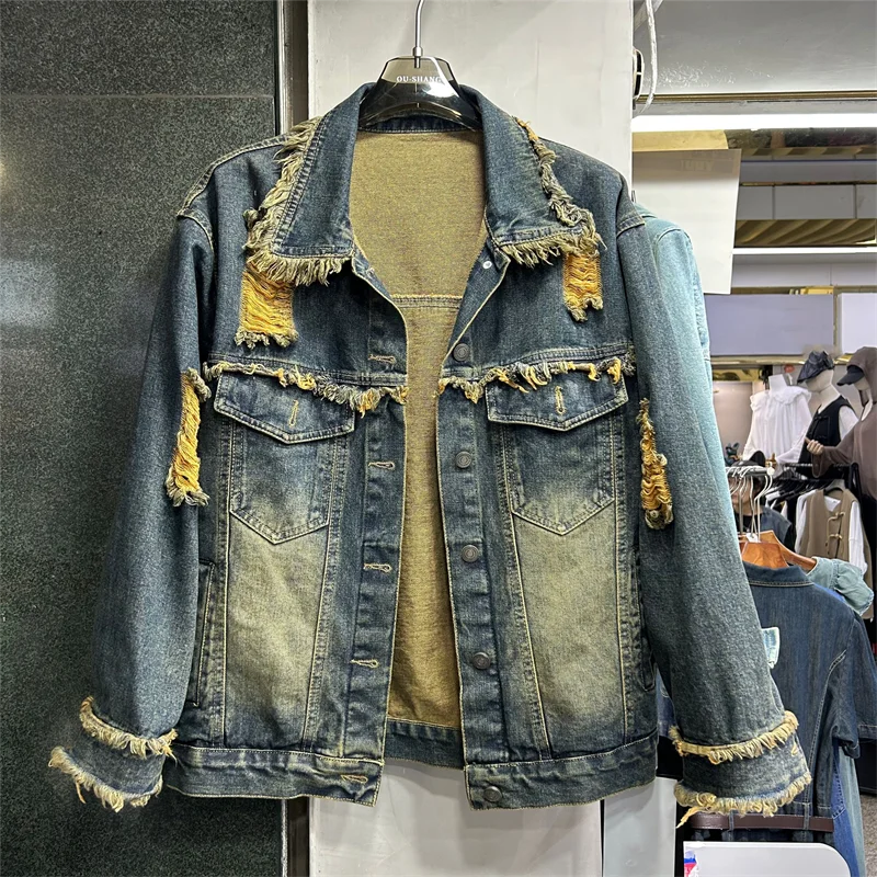 

Spring Autumn Harajuku Vintage Frayed Burrs Hole Denim Jacket Women Casual Korean Lapel Long Sleeve Jeans Jacket Chaqueta Mujer