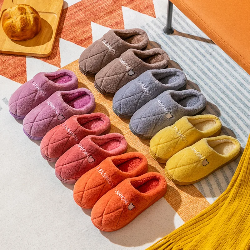 Women Home Cotton Fluffy Plush Anti-slip Slippers Indoor Autumn Male Couple Pantuflas Shoes Chaussons Zapatillas Casa Mujer