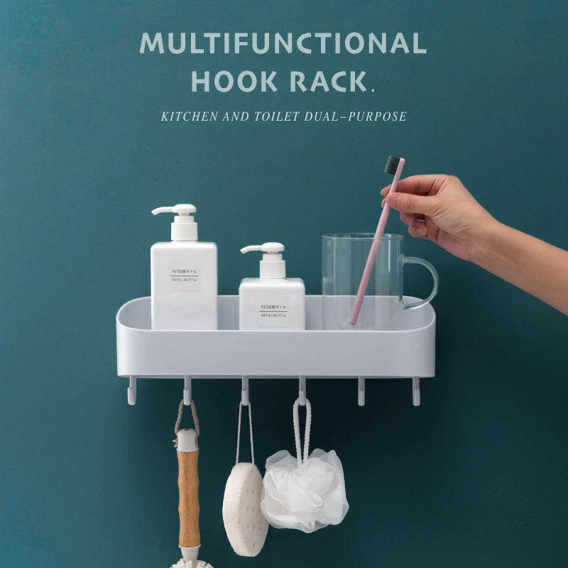 

Bathroom Shelf Wall Mounted Shampoo Gel Holder Kitchen Storage Rack With Hooks Self Adhesive Shower Caddy Bathroom Accessories