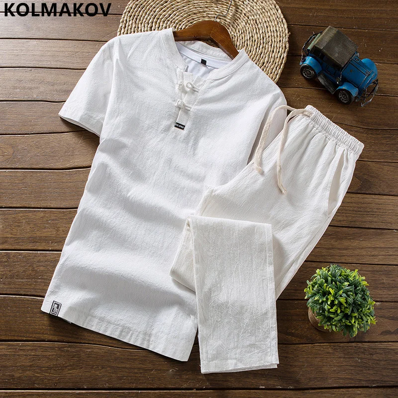 

Summer New Men's Classic Fasion Solid Color Cotton and Linen Two-Piece Casual Slim Size i Quality Two-Piece Set M-5XL