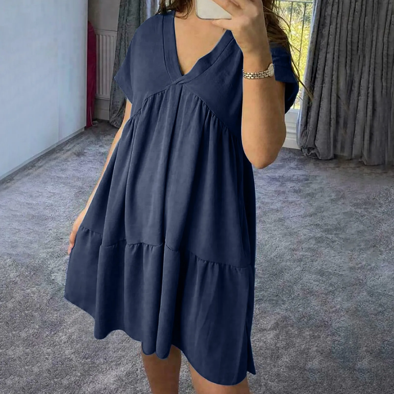 

Cotton Summer Dress for Women Women Summer Tunic Dress V Neck Casual Loose Flowy Swing Dresses Elegant Cocktail Dresses