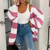 fall 2022 new womens fashion long sleeved color matching cardigan knitted mid length loose striped knitted sweater cardigan