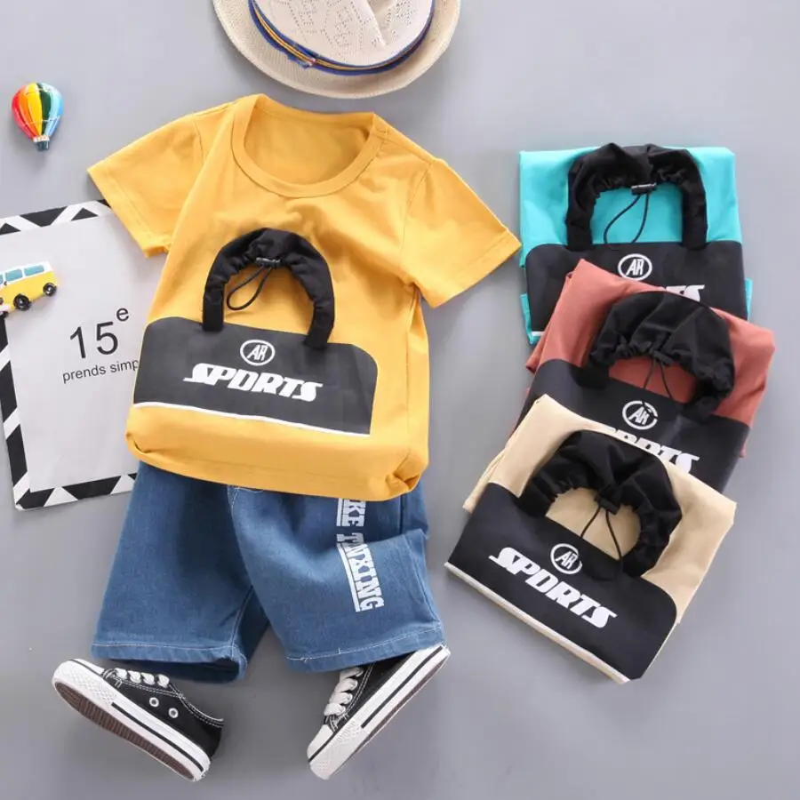 

2022 Boys Sports Alphabet Short-Sleeved Children's Suit Summer Children's Casual Round Neck T-Shirt Baby Denim Shorts Children's