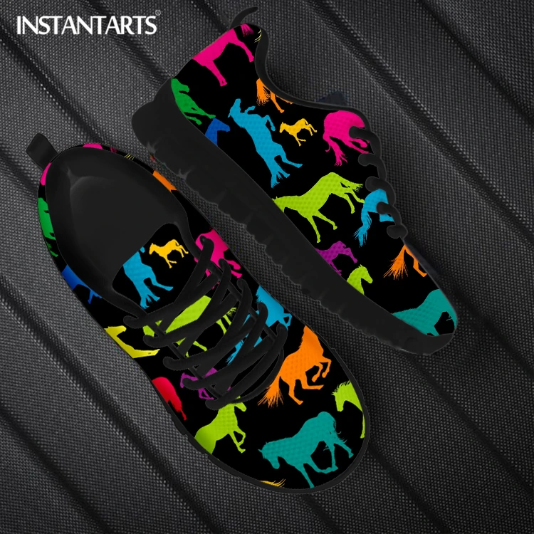 

INSTANTARTS 2022 New Style Women Breathable Flat Shoes Lace-up Mesh Sneakers Colorful Horse 3D Print Casual Footwear for Female