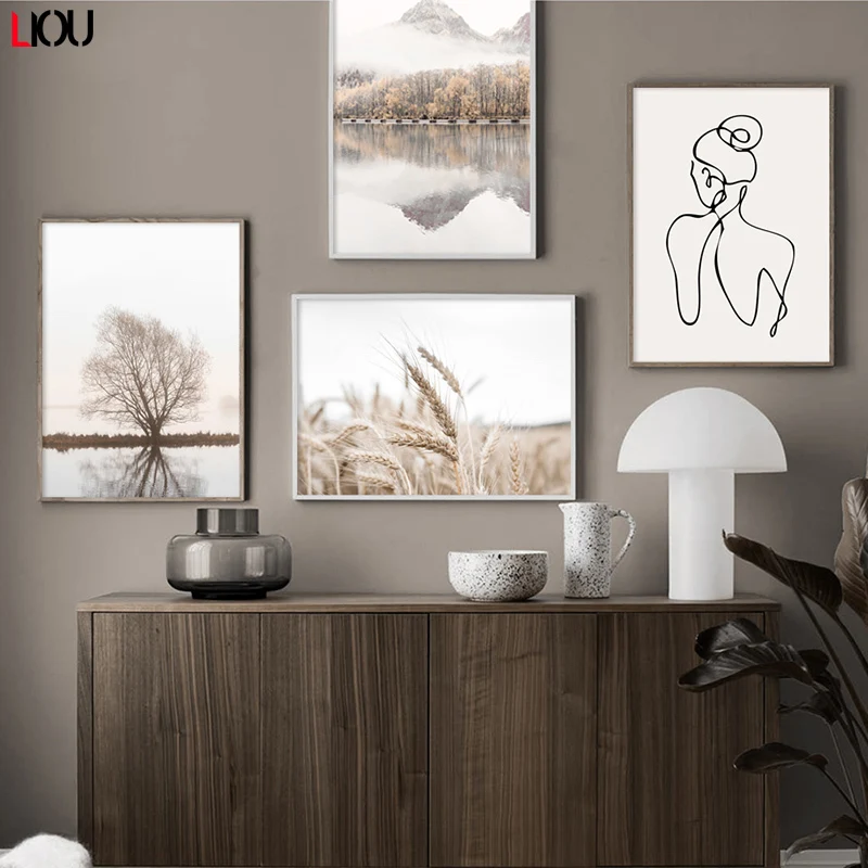 Настенная Картина на холсте с изображением гор леса озера тростника абстрактная