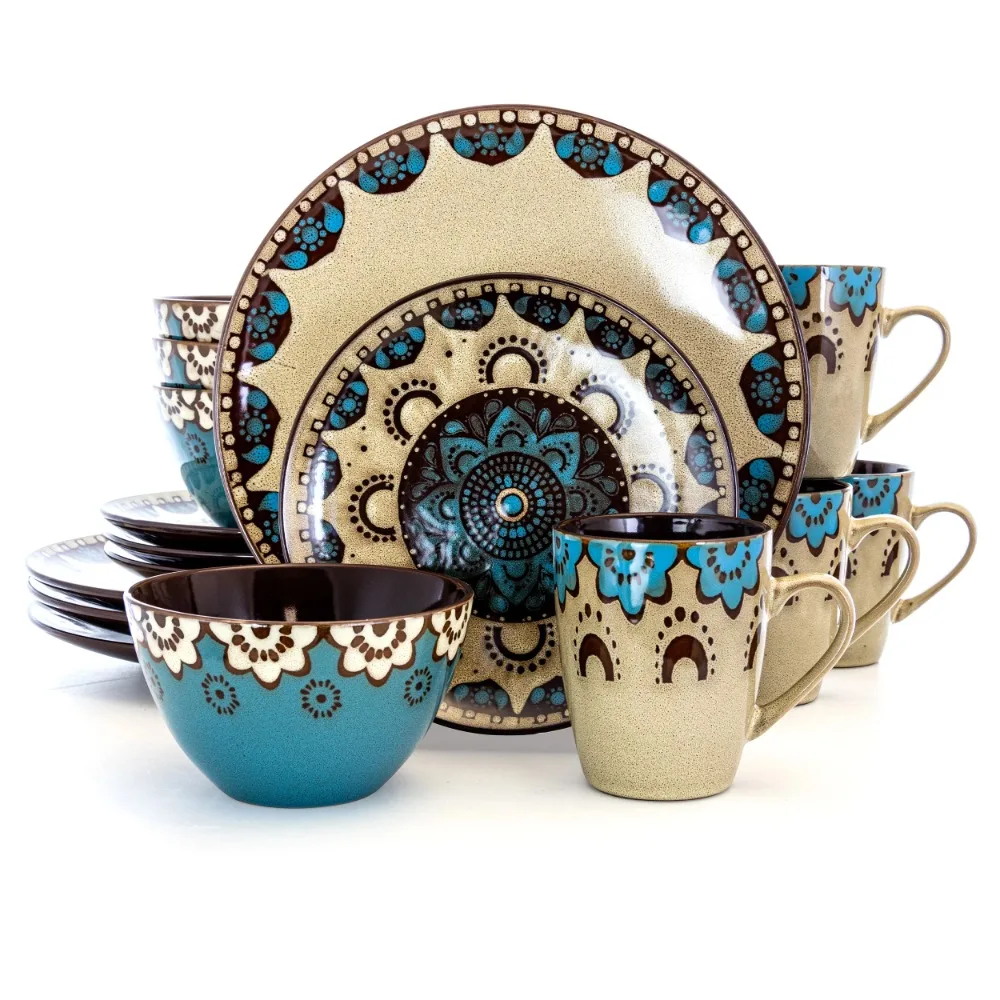 

16 Piece Dinnerware Set in Tan and Blue Dinner Plates Set Free Shipping Plate Ceramic Dishes to Eat Dish Sets Tableware Food Bar