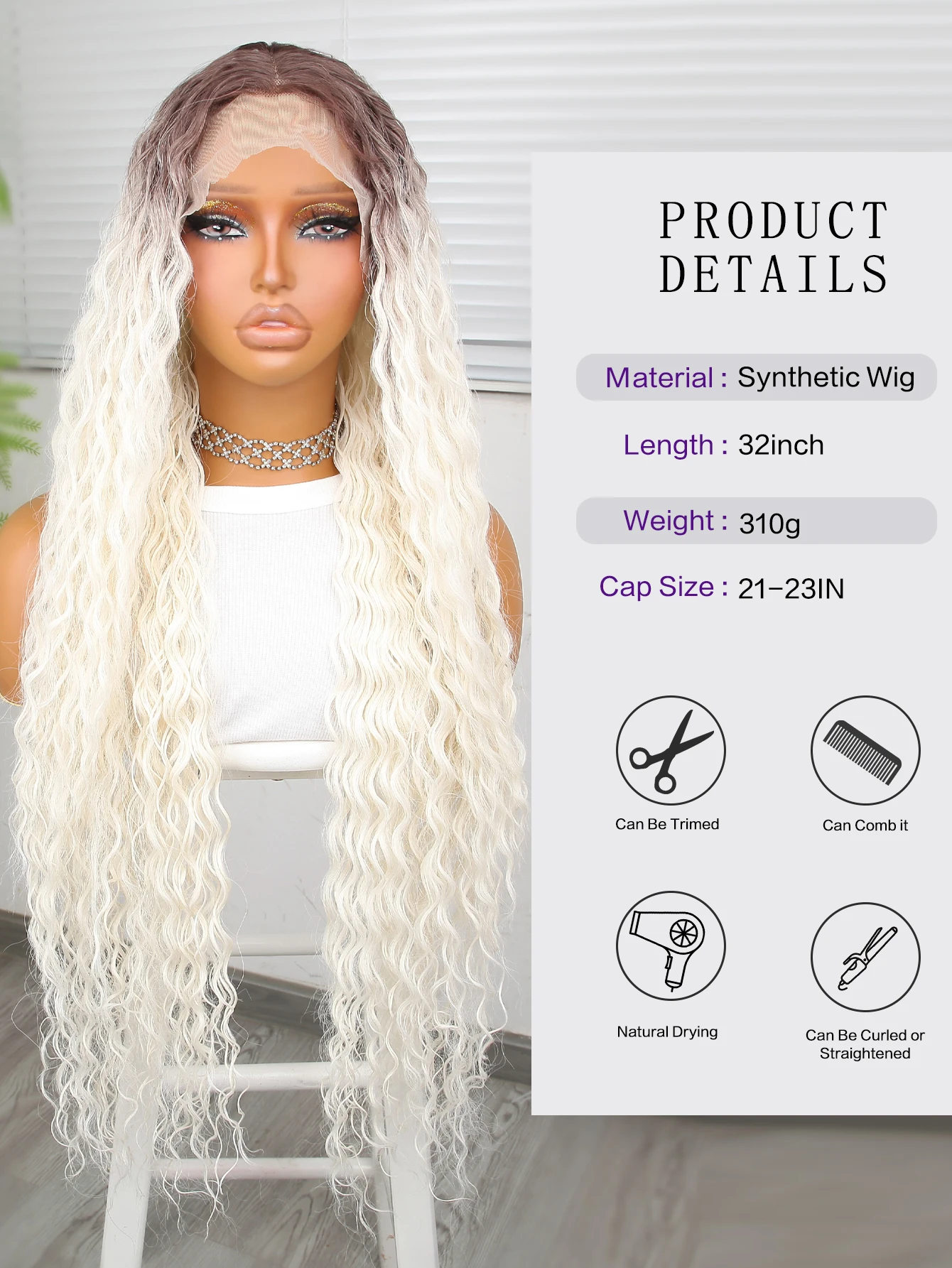 32-дюймовый длинный вьющийся парик белого цвета ежедневный для чернокожих женщин
