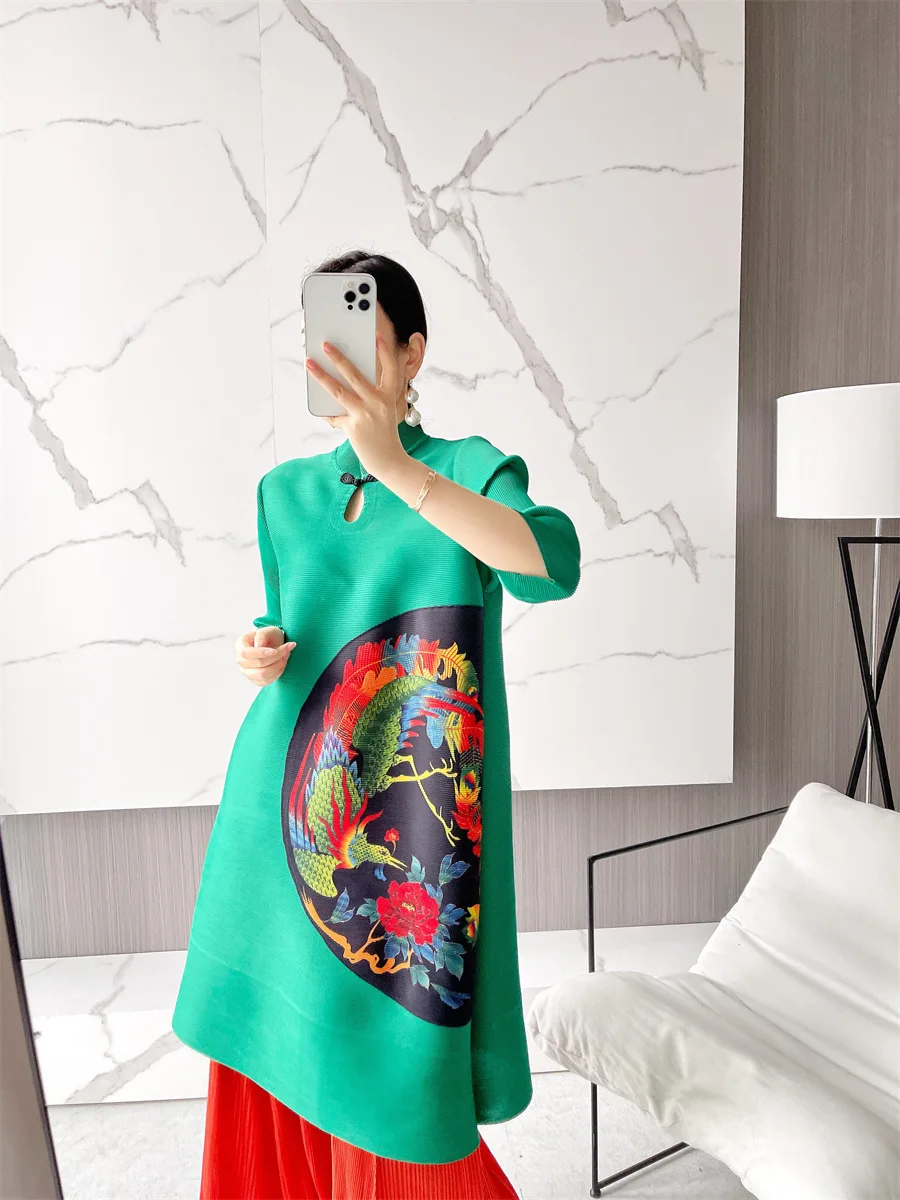 

Miyake pleated spring new style stand collar women loose temperament peony flower cheongsam stand collar dress