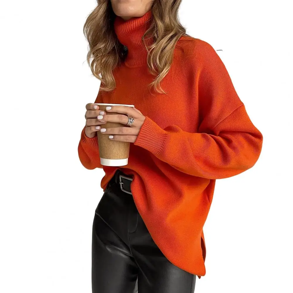 

Women Turtleneck Long Sleeve Ribbed Cuffs Side Split Pullover Sweater Winter Solid Color Loose Sweater Jumper Female Clothing