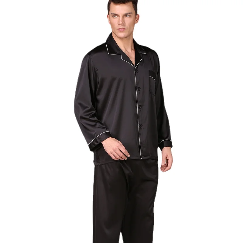 Men's black imitation silk pajamas spring and summer long sleeve solid color suit large home clothes