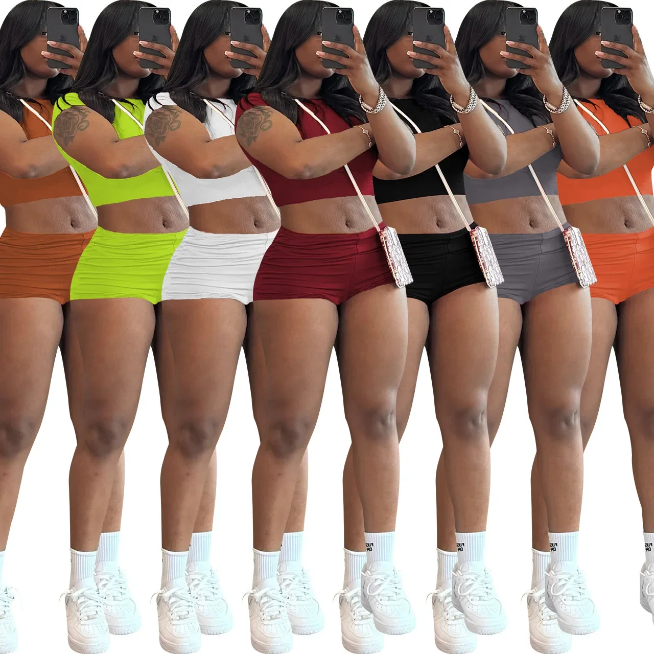 M3153 Летний женский однотонный комплект узких коротких топов и шорт