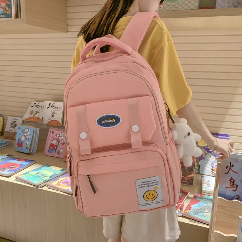 

EST Solid Color Satchel Girlsa School Student Casual Backpack Multi-functional Rucksack Nylon Female Kawaii Pendant Mochila Bags