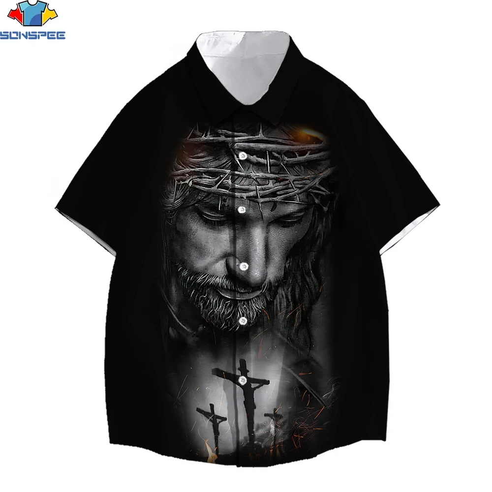 

SONSPEE Moshi Moshi Jesus Desu Funny Meme Shirts Black Polyester Men Shirt Fashion Dark Church Shirt Men Cross Brand Teeshirt