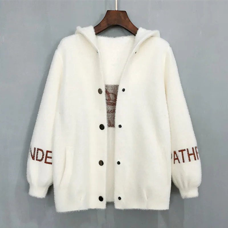 

Women's Imitation Mink Velvet Coat Autumn And Winter Loose Letter Embroidery Fur Collar Cardigan Female Hooded Knitted Tops M248