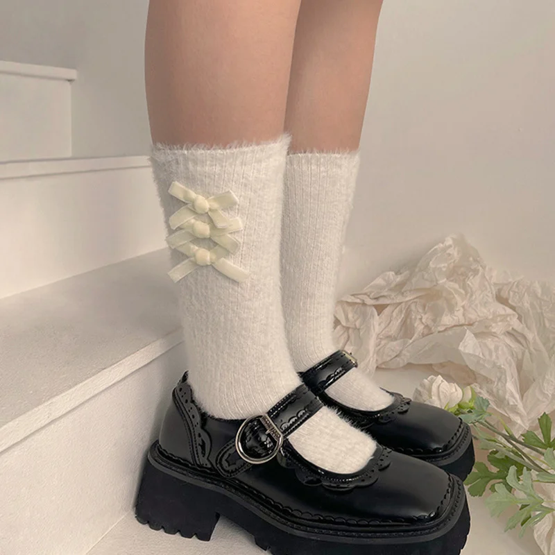 

Harajuku Kawaii Lolita Princess Bow Middle Tube Socks For Woman Girls Lovely Furry Warm Socks Sweet Pile Socks Accessories