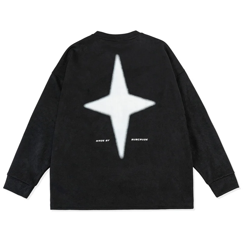 

Harajuku Streetwear Suede Hoodie Letter Star Printed Vintage Crewneck Sweatshirts 2022 Hip Hop Fashion Oversized Couple Hoodies