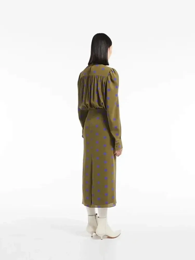 Women Polka Dot Printing Mid-length Dress 2023 Spring New Female Pleated Turtleneck High Waist Temperament ALL-Match Robe
