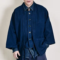 vintage kendo indigo jacket men heavy weight cotton linen pockets blue dyed jacket autumn male loose casual cardigan jacket coat