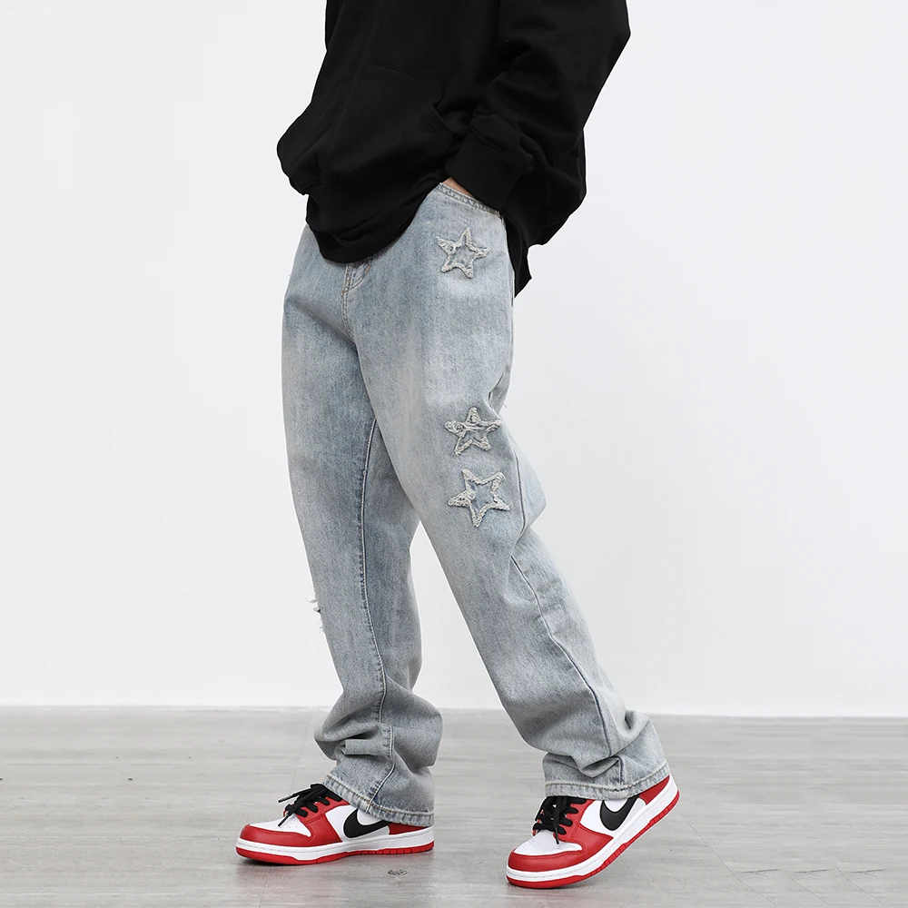Men's Jeans Five-pointed Star Applique Embroidered Micro Horn Loose Jeans Hip Hop Street Wear Y2K Jeans Street Wear Brand Jeans