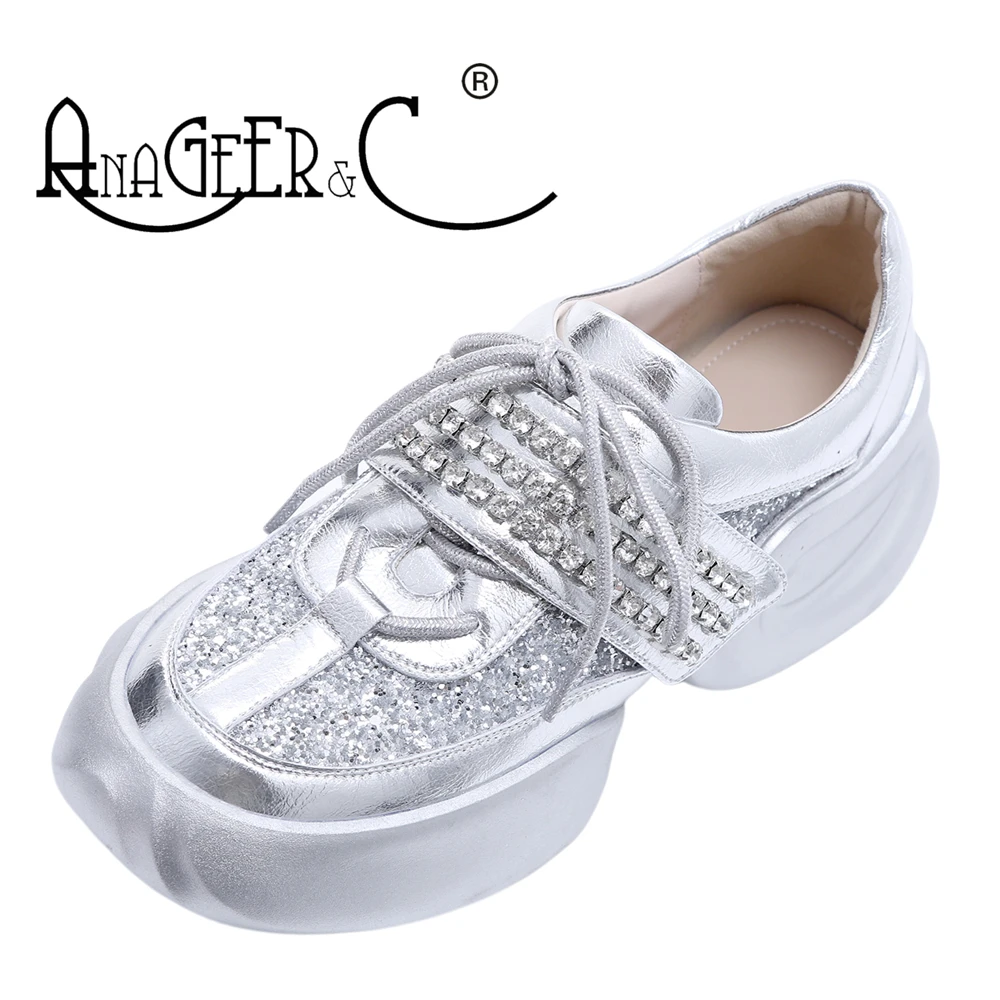 

Женские низкие кроссовки ANAGEER & C, с круглым носком, на платформе, с блестками, со шнуровкой, в стиле преппи