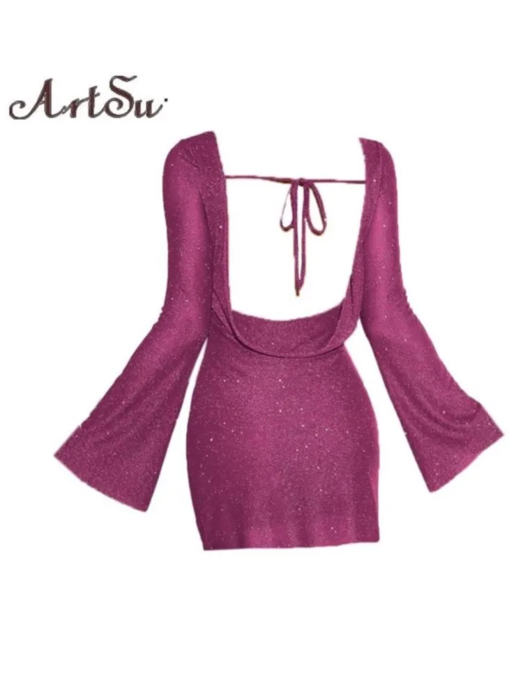 

Gliter Flare Sleeve Backless Mini Dress Women Sexy Long Sleeve Elegant Vestidos Feminino Club Party Nignt Dresses Robes