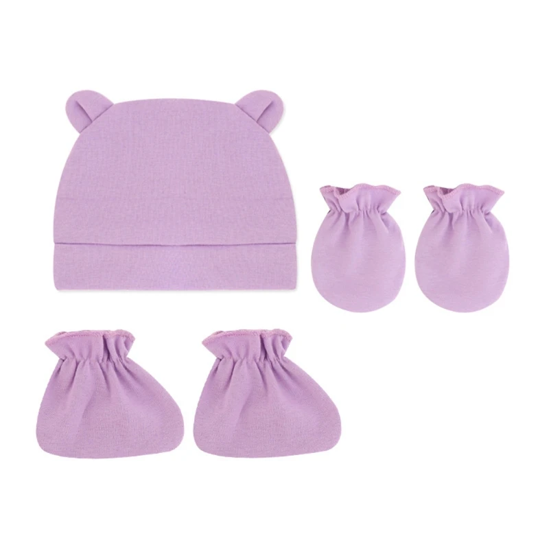 

Baby Anti Scratching Soft Cotton Gloves Cute Ears Hat Set Infants Newborn Mittens Beanies Cap Kit for Todddles