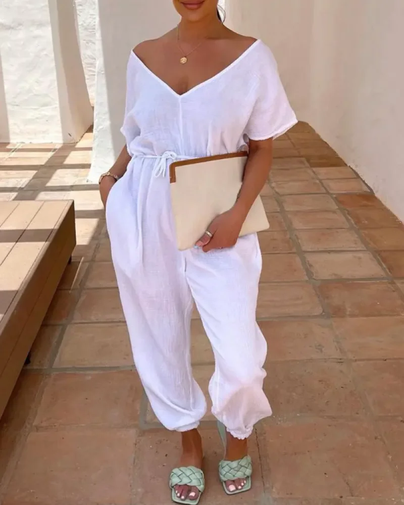 Casual Loose Bodysuit Fashion Elegant Daily Club Party Streetwear Summer Woman Jumpsuit Pocket Design Short Sleeve Playsuit