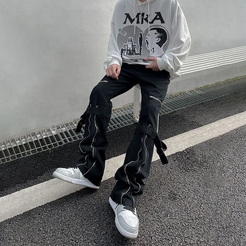 DEEPTOWN Techwear Cargo Micro-flared Jeans for Men Black Pants Designer Hip Hop Denim Trousers Male Zippers Streetwear Spring