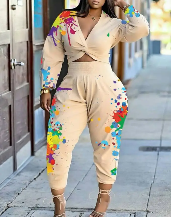 

Two Piece Sets Womens Outifits 2022 Autumn Ink Splash Print V-Neck Long Sleeve Twisted Top & Casual High Waist Sweatpants Set