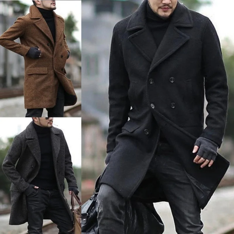 

Winter Coat Men Jacket Fashion Slim Fit New Coats Double Breasted Wholesale Medium Long Lapel Woolen Trench Coat