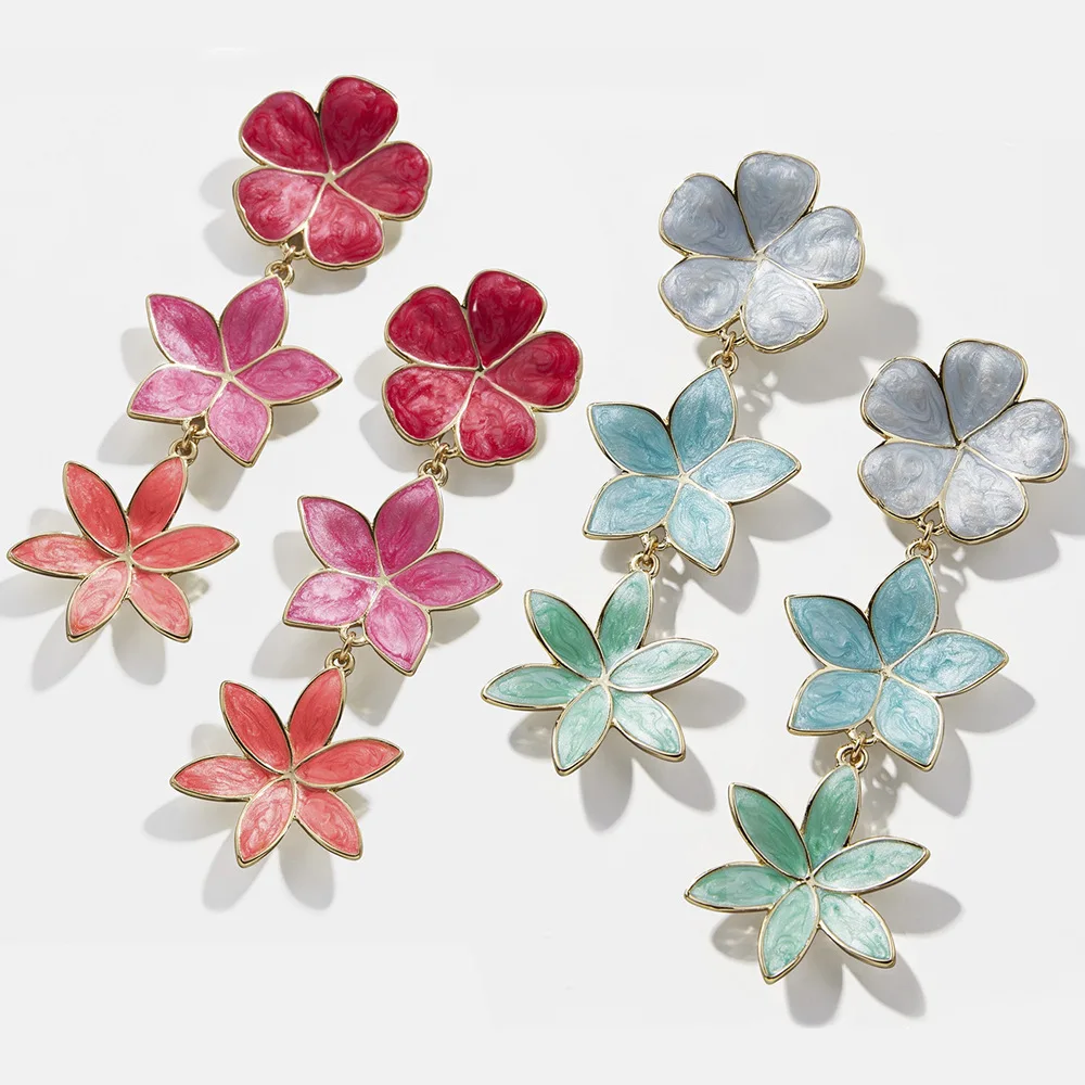 

New Exquisite Enamel Flower Dangle Earrings for Women Korean Style Metal Flowers Long Drop Earrings Wedding Statement Jewelry