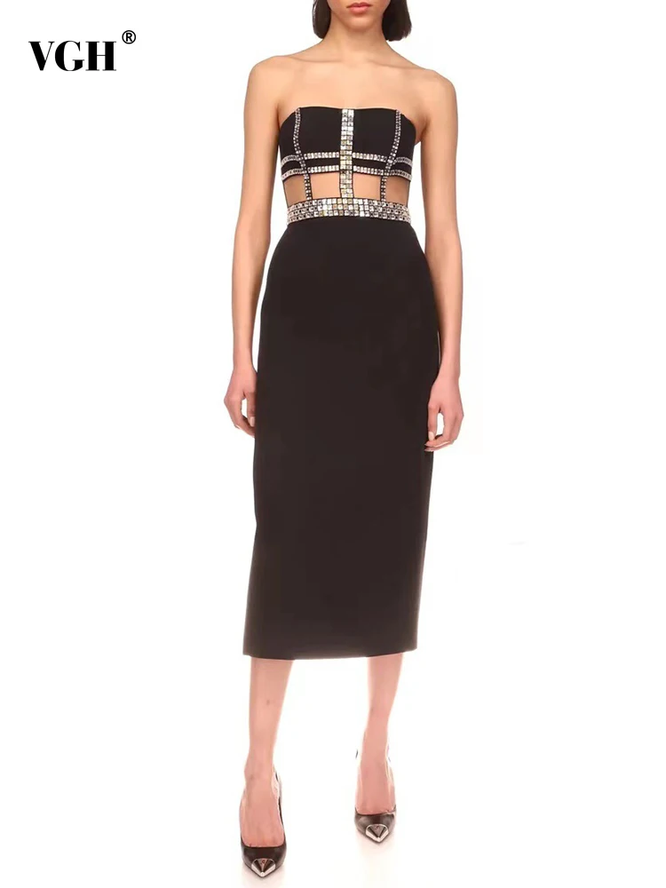 

VGH Black Knitting Formal Dresses For Women Slash Neck Sleeveless High Waist Spliced Embroidered Flares Starpless Dress Female