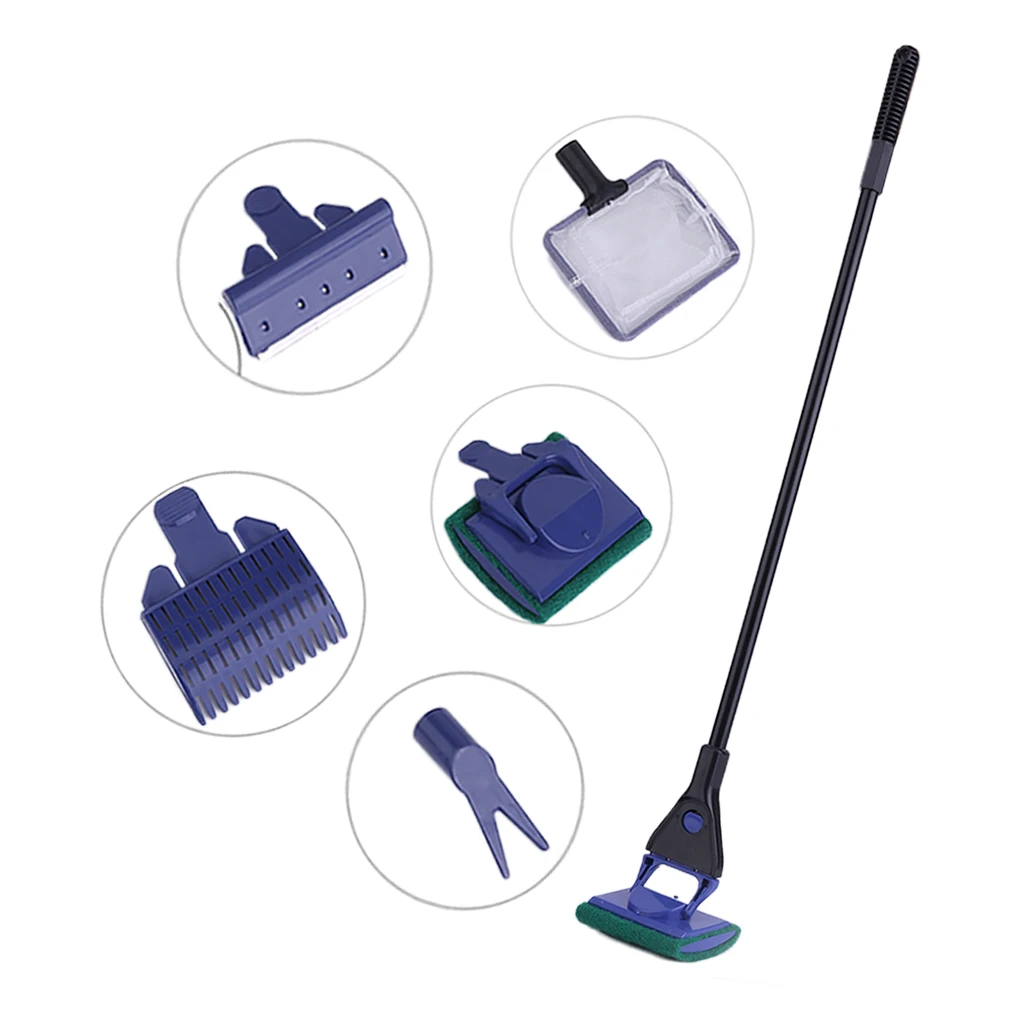 

5 In 1 Glass Fish Tank Aquarium Glass Brush Fish Net Long Handle Cleaner Gravel Rake Algae Scraper Cleaning Tool