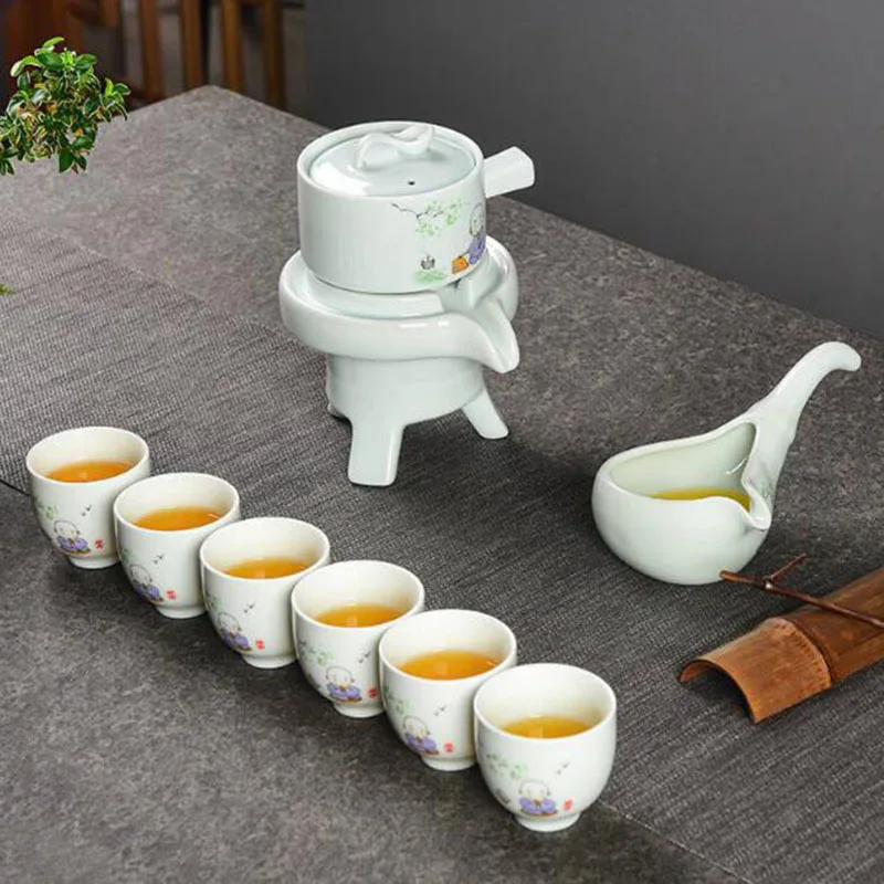 8Pcs/Set Porcelain Tea Pot Cup Sets Office Household Lazy Semi-automatic Rotated Stone Mill Teaware Kungfu Tea Drinking Tool