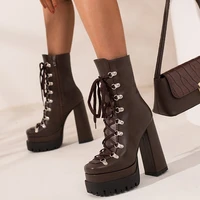 sexy short booty thick platform anti slip chunky high heel ankle boots for women square toe lace up martin boots shoes