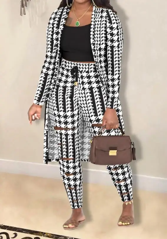 

Women's Elegant Office 3Pcs Suit 2023 Autumn Cami Robe Top & Houndstooth Print Pants Set with Coat Female Casual Clothing Outfit