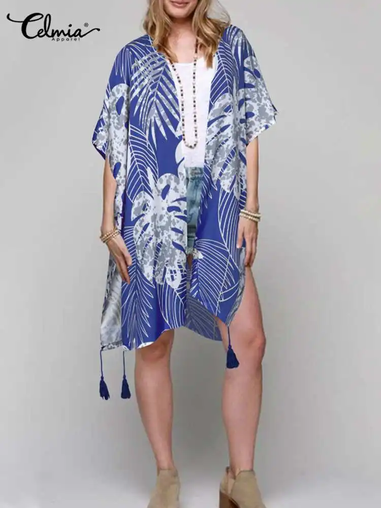 

Celmia Holiday Tassels Cover Up Beach Women Casual Loose Short Sleeve Kimono 2022 Summer Bohemian Floral Printed Cardigans Tops