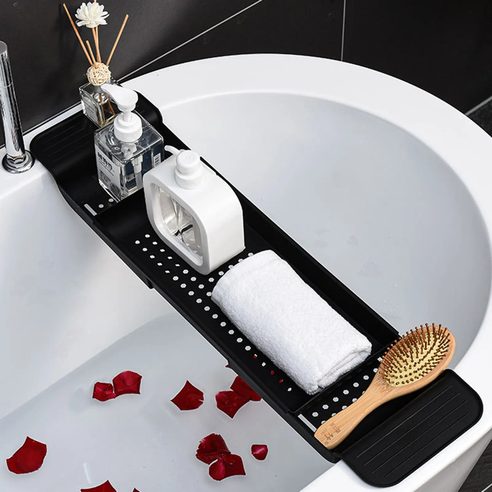 

Expandable Bathtub Tray Bath Caddy Tray Retractable Bath Spa Caddy Tray Bathroom Storage Book Wine Tablet Holder Reading Rack