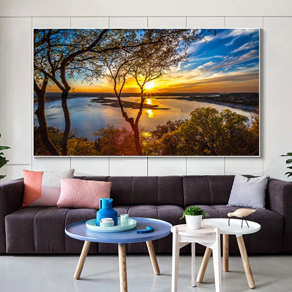 

Nature Lake Sunrise Posters and Prints Sky Sea Landscape Canvas Painting Beach Sunset Wall Art Pictures For Living Room Decor