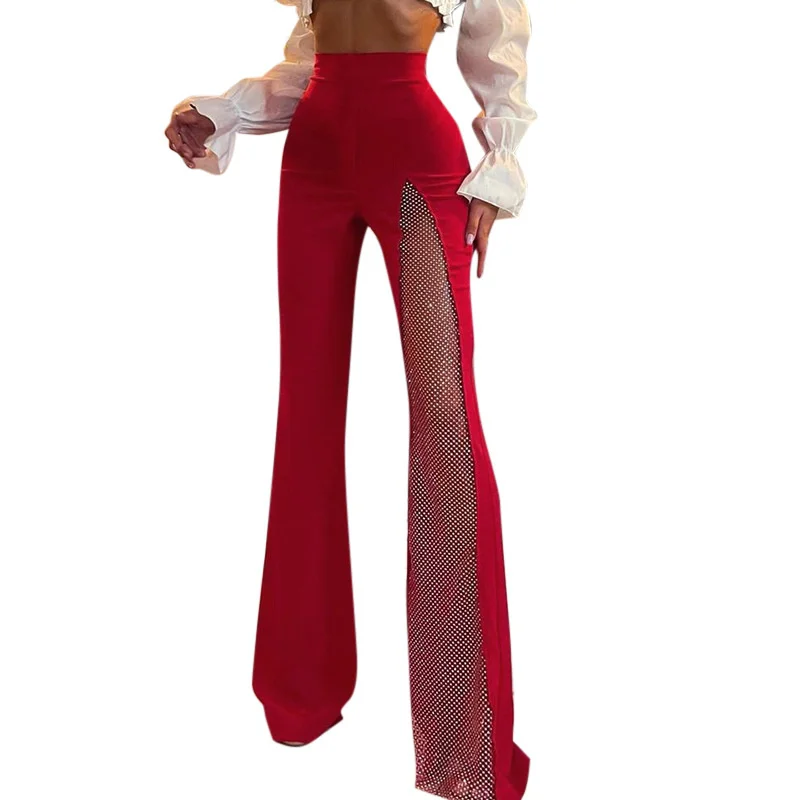 

Fashion Wide Leg Pants Women 2022 Summer High Waist See Through Sexy Split Mesh Tulle Flared Pants Female Long Maxi Mom Trousers