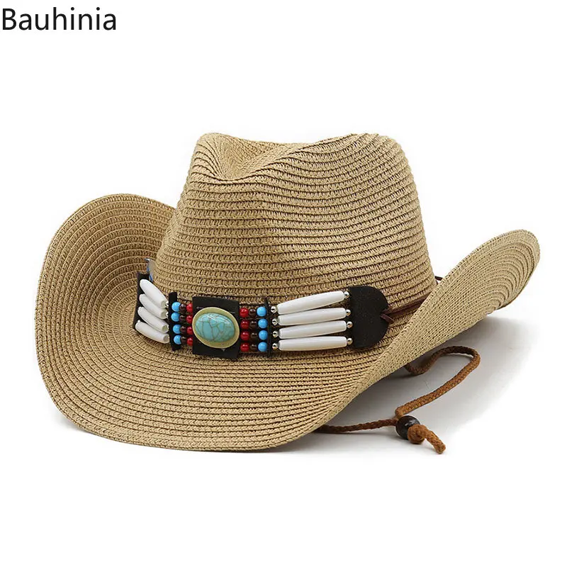 

Bauhinia New Spring Summer Straw Western Cowboy Hat Fashion Curling Brim Panama Cowgirl Jazz Cap Outdoor Beach Sun Hats