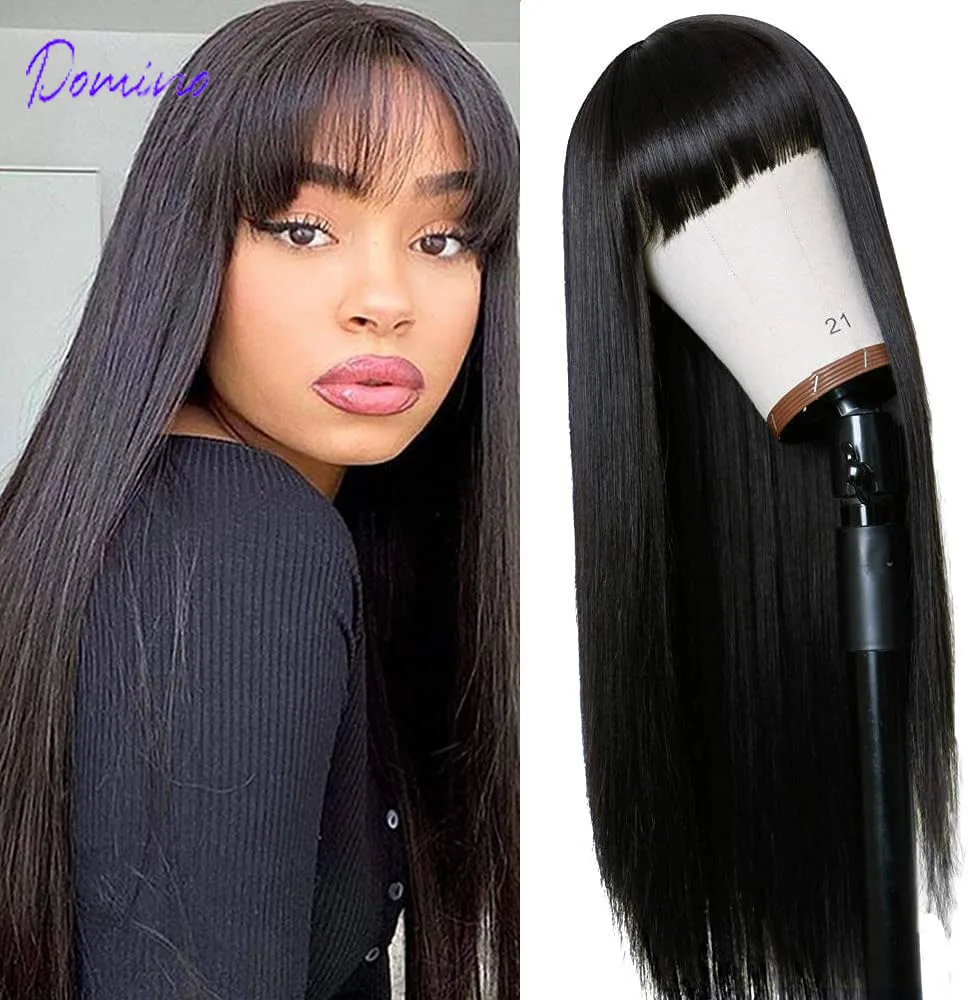 Straight Wig With Bangs Fringe Human Hair Wig For Women Brazilian Hair Bangs Wig Full Machine Made Remy Hair Salon Wig Glueless