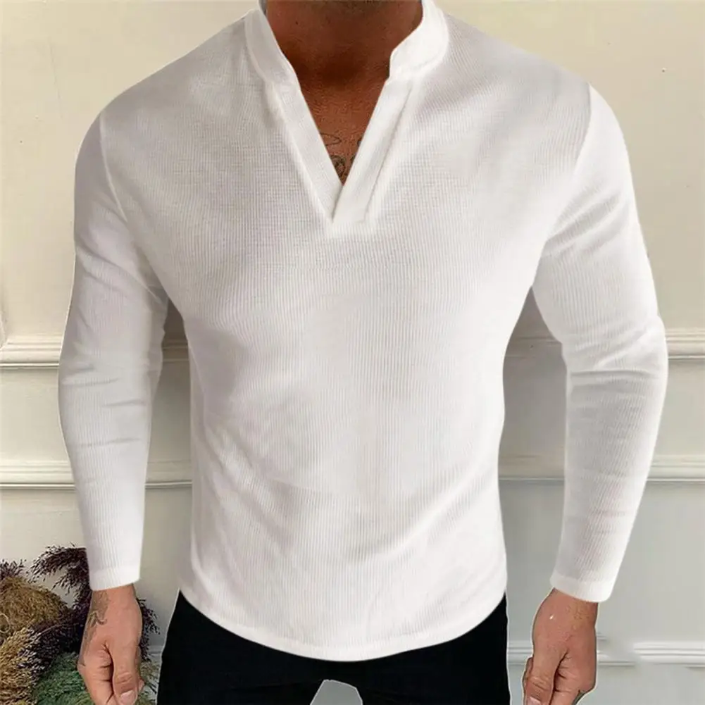 

Футболка мужская однотонная с V-образным вырезом, мягкий воздухопроницаемый пуловер с воротником-стойкой, Повседневная приталенная верхня...