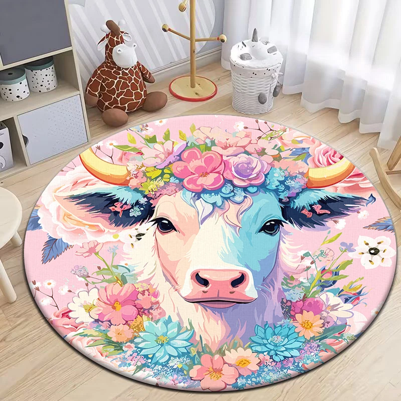 

Highland Cattle Printed Round Carpet for Living Room，Children Play Room Rug，Doormat，Bedroom E-sports Chair Non Slip Mats