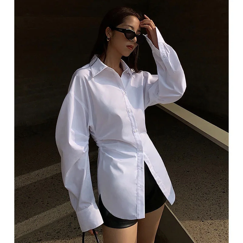 

Женская Повседневная рубашка, однотонная блузка с длинным рукавом, Дамская Летняя туника с воротником с лацканами и пуговицами, женские топ...