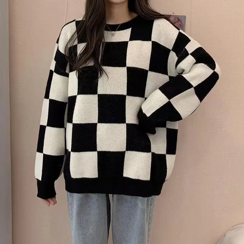 Autumn Winter Sweater Women Korean Fashion Plaid O-Neck Pullovers Streetwear Oversized Sweate Jumper Warm Long Sleeve Top