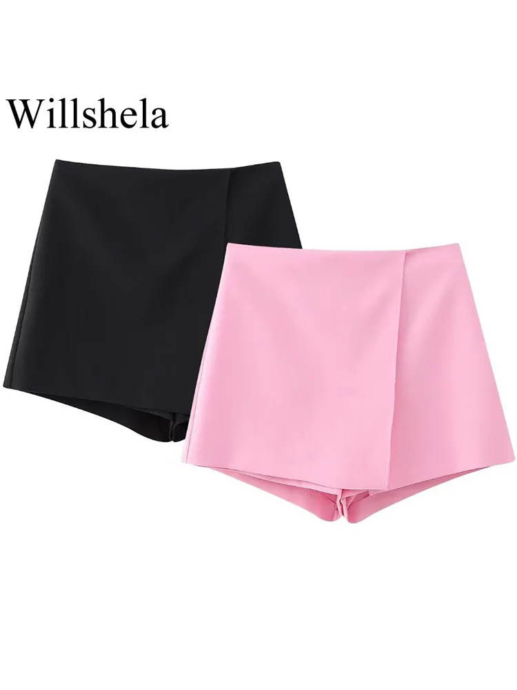 

Willshela женские модные однотонные мини-юбки с разрезом спереди и боковой молнией, винтажные женские шорты с высокой талией