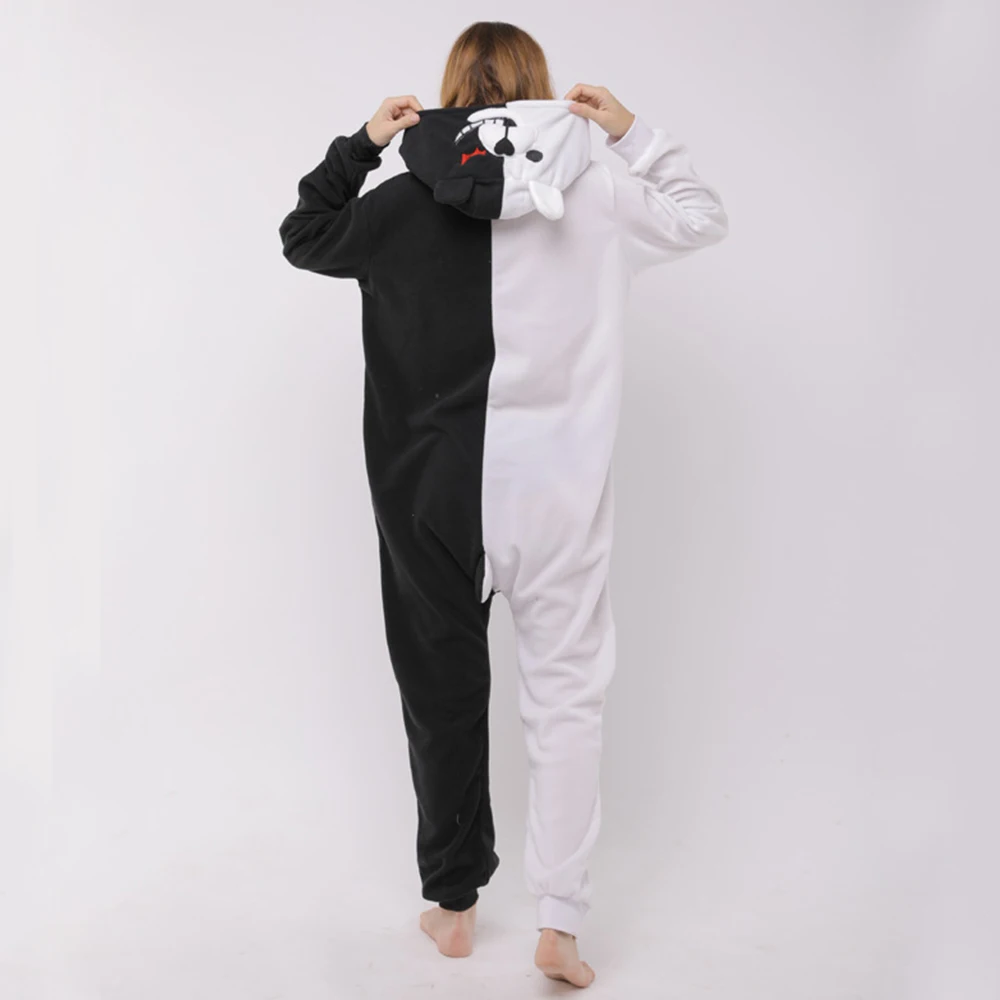 Unisex Winter Cartoon Animal One-Piece Jumpsuit With Pockets Polyester Warm  Loose White And Black Cosplay Pajamas With A Hat