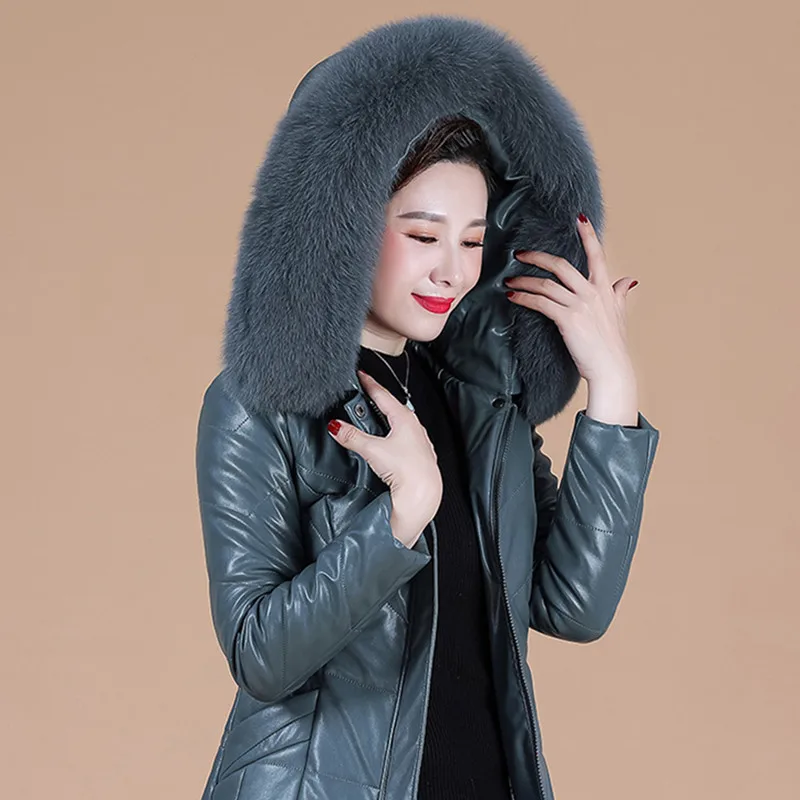 

L-8XL Woman Leather Jacket Winter 2022 Fashion Overcoat Thicken Warm Fur Collar Hooded Sheepskin Coat Camel Outerwear Female